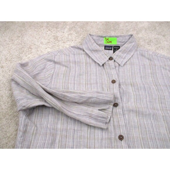 Patagonia Shirt Womens 14 Blue Green Striped Hemp Casual Button Up Top - Picture 3 of 11